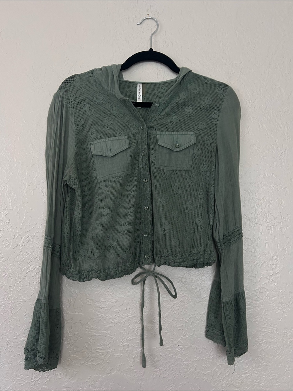 Boho Sage Green Button-Front Lace Detail Shirt